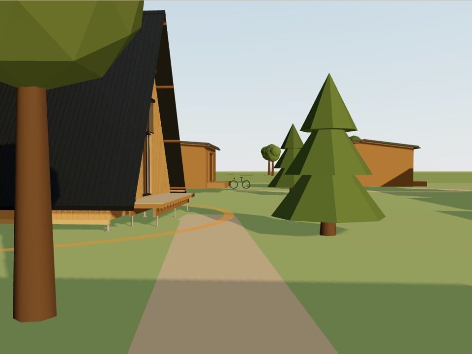 Sur le chemin du hameau, à hauteur d'yeux : une maison en A et sa terrasse, des arbres, deux maisons cubes plus loin