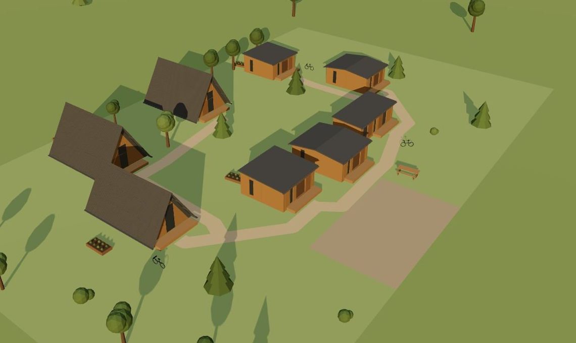 Un hameau d'exemple vu du ciel : trois maisons en A, quatre maisons cubes et la maison commune autour d'une place, les chemins, le stationnement à l'entrée