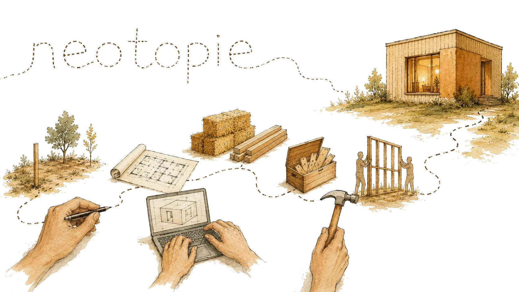 Le parcours dessiné à l'aquarelle : un terrain nu, un croquis à la main, le projet dessiné sur ordinateur, les bottes de paille et le bois livrés, la caisse de pièces, deux personnes qui relèvent un pan d'ossature, et la maison terminée