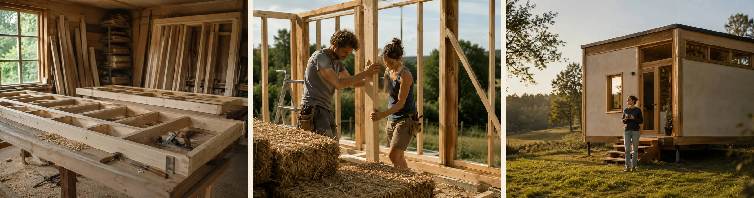 Trois photos : des cadres d'ossature bois taillés sur l'établi d'un atelier ; deux personnes qui montent un mur d'ossature avec des bottes de paille au pied ; une petite maison enduite de terre, posée sur ses appuis, avec une personne devant au soleil du soir